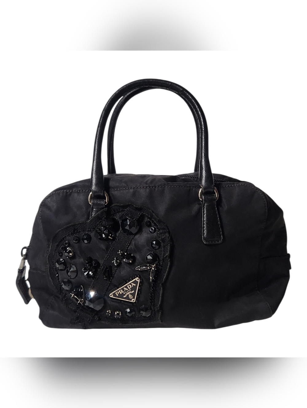 Vintage Prada Evening Heart Tessuto Nylon Nero Black Beaded Mini Handbag